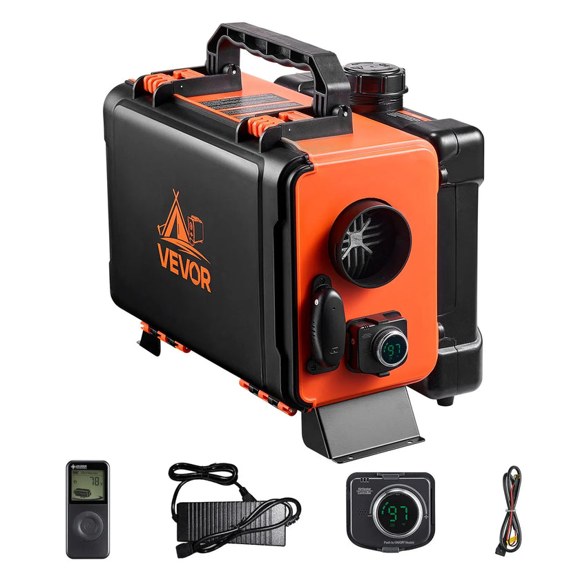 Vorderansicht mit Zubehör und Steuerungen für die tragbare Heizung für Dachzelte