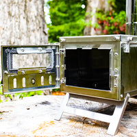 Vorderansicht des offenen Mini-Holzofens